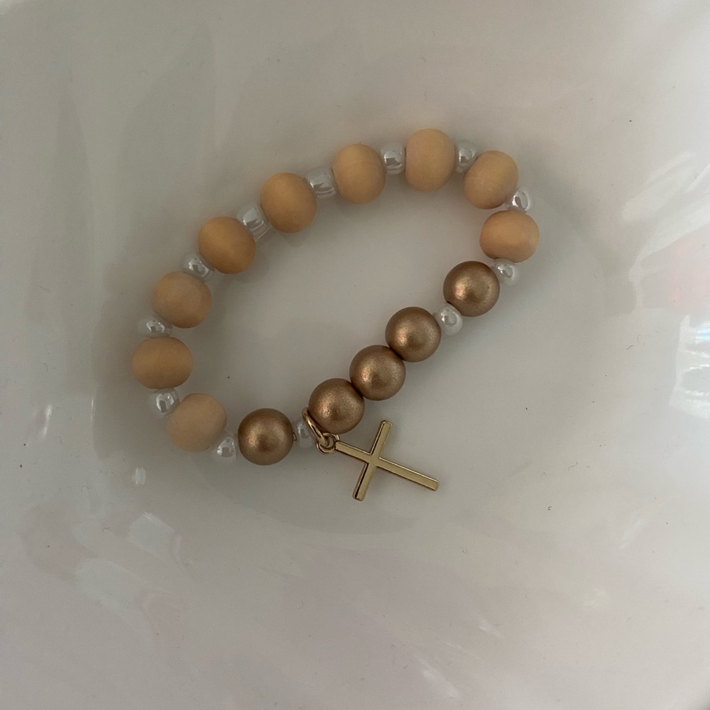 LGold and Tan Beaded Bracelet with Cross Charm